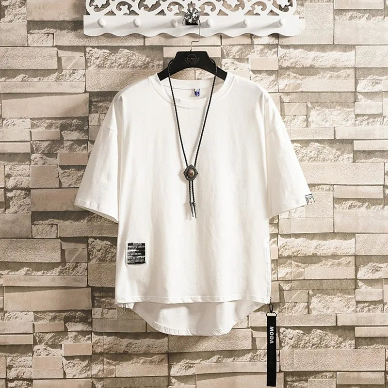 Men's summer cotton wide zipper T-shirt in loose fit white colour plain round neck short sleeve
