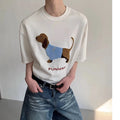 Men's grey cotton T-shirt with embroidered sausage dog design on front, short sleeves and round neck