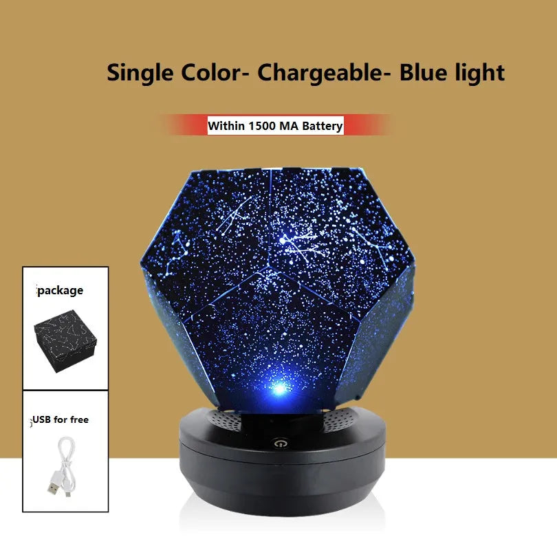 LED starry sky projector showing constellation projection on bedroom ceiling with remote control