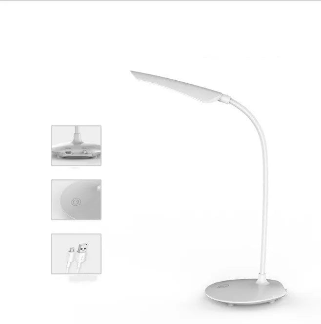 White LED desk lamp with USB charging and touch switch on a desk