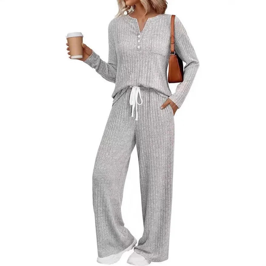 Women's V-neck knit long coat with lace-up detail and matching trousers in street fashion style