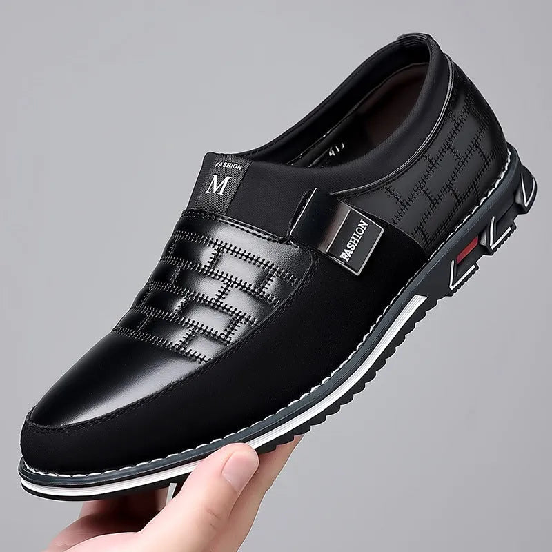 Men's slip-on plus size casual leather shoes black round toe artificial PU rubber sole