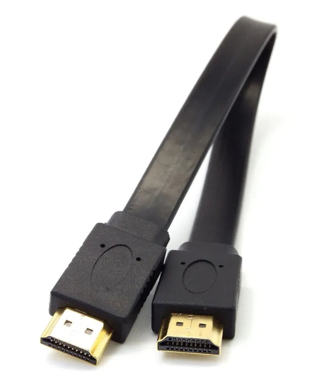 Flat black HDMI cable with male connectors on a white background.