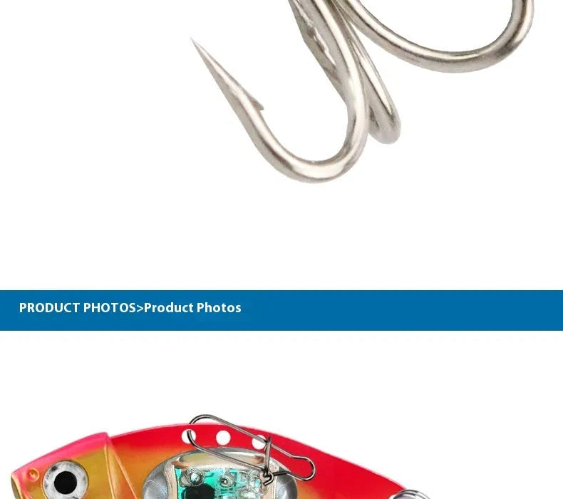 Electronic fishing lure with luminous metal vib in blue and red body options