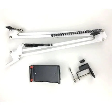 Black adjustable phone and tablet stand holding a mobile device on a desk.