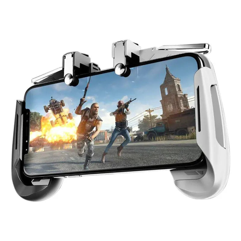 A telescopic mobile game controller holding a smartphone, shown in black, blue, and white colour options.
