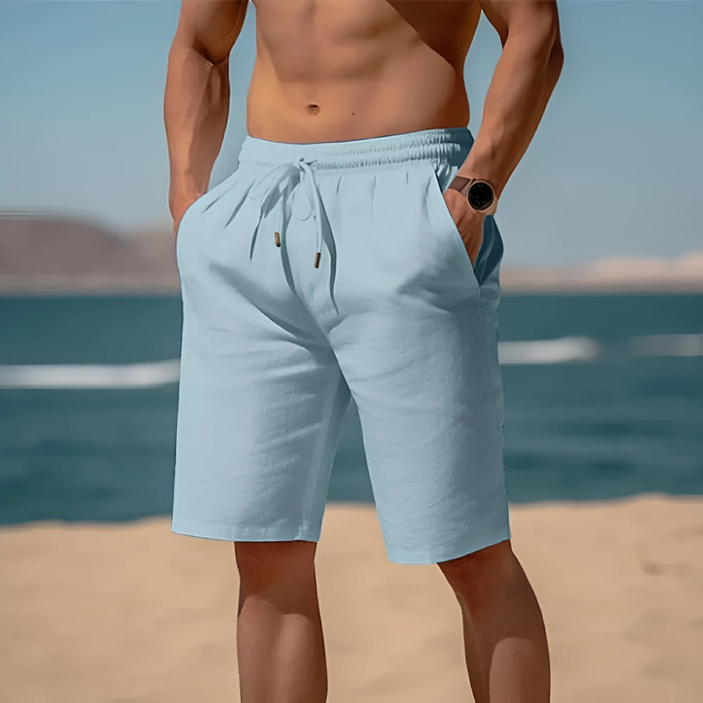 Men's cotton linen drawstring summer shorts with elastic waist and straight leg in solid colour