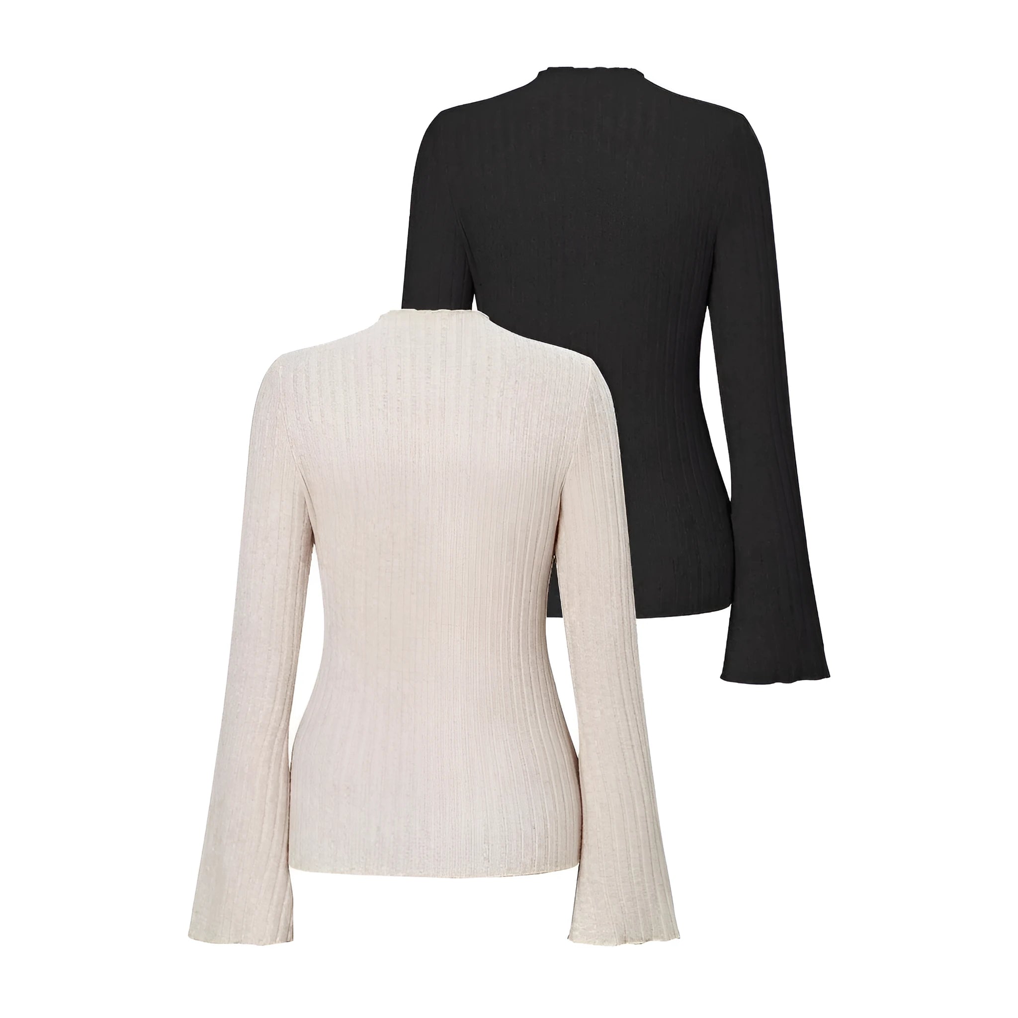 Long sleeve round neck top in brushed polyester with lantern sleeves and sunken stripe pattern