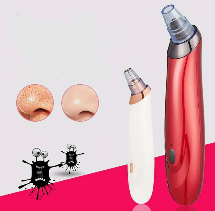 Electric blackhead remover pore cleaner in black with interchangeable nozzle heads and compact design