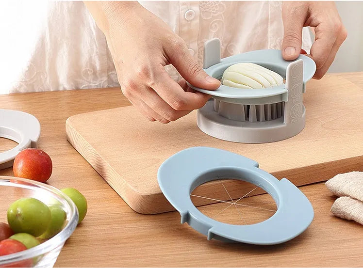 Manual egg cutter three-in-one with stackable parts, PS body, SS304 blades, available in blue, orange, red