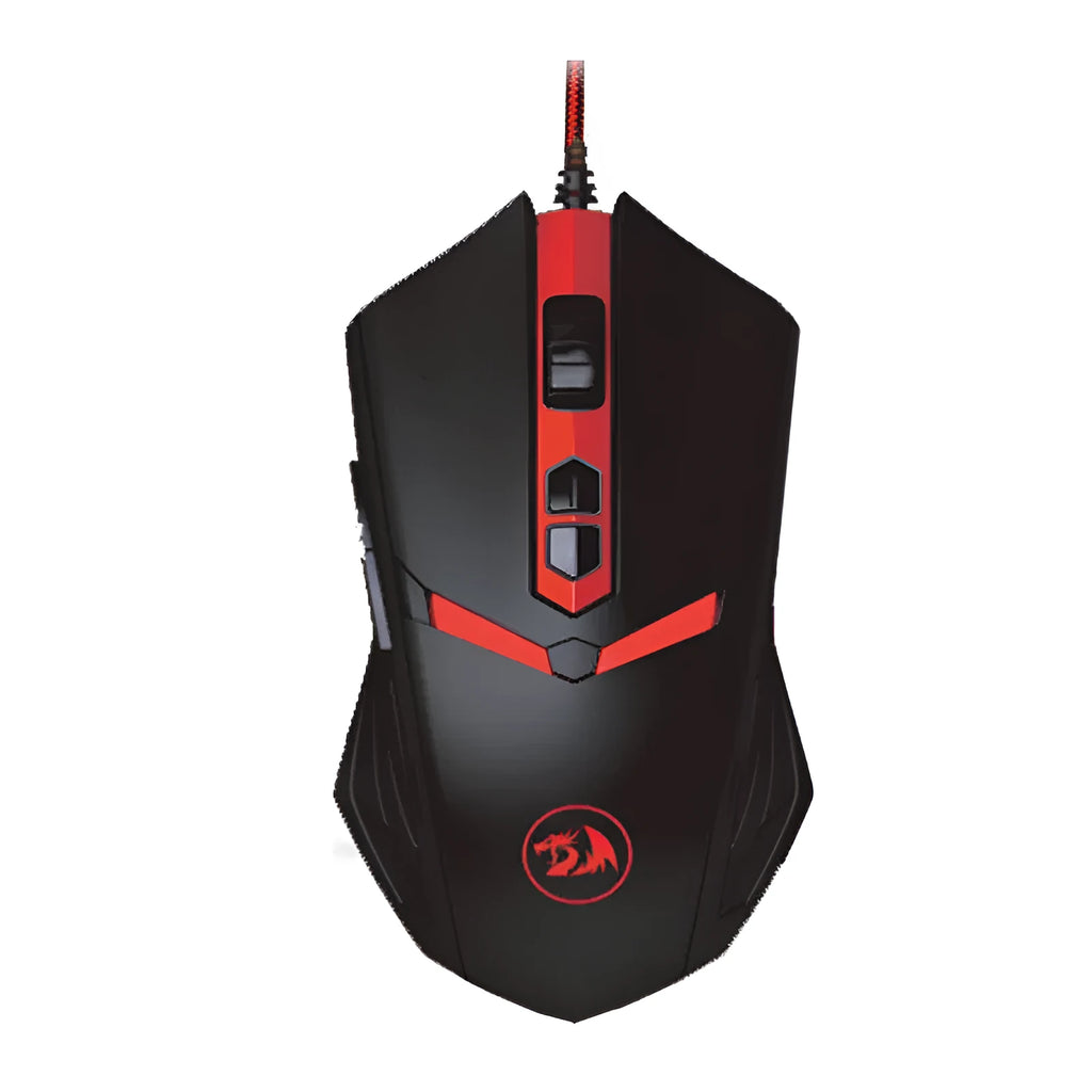 Black and red wired USB gaming mouse with six buttons on an office desk.