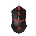Black and red wired USB gaming mouse with six buttons on an office desk.