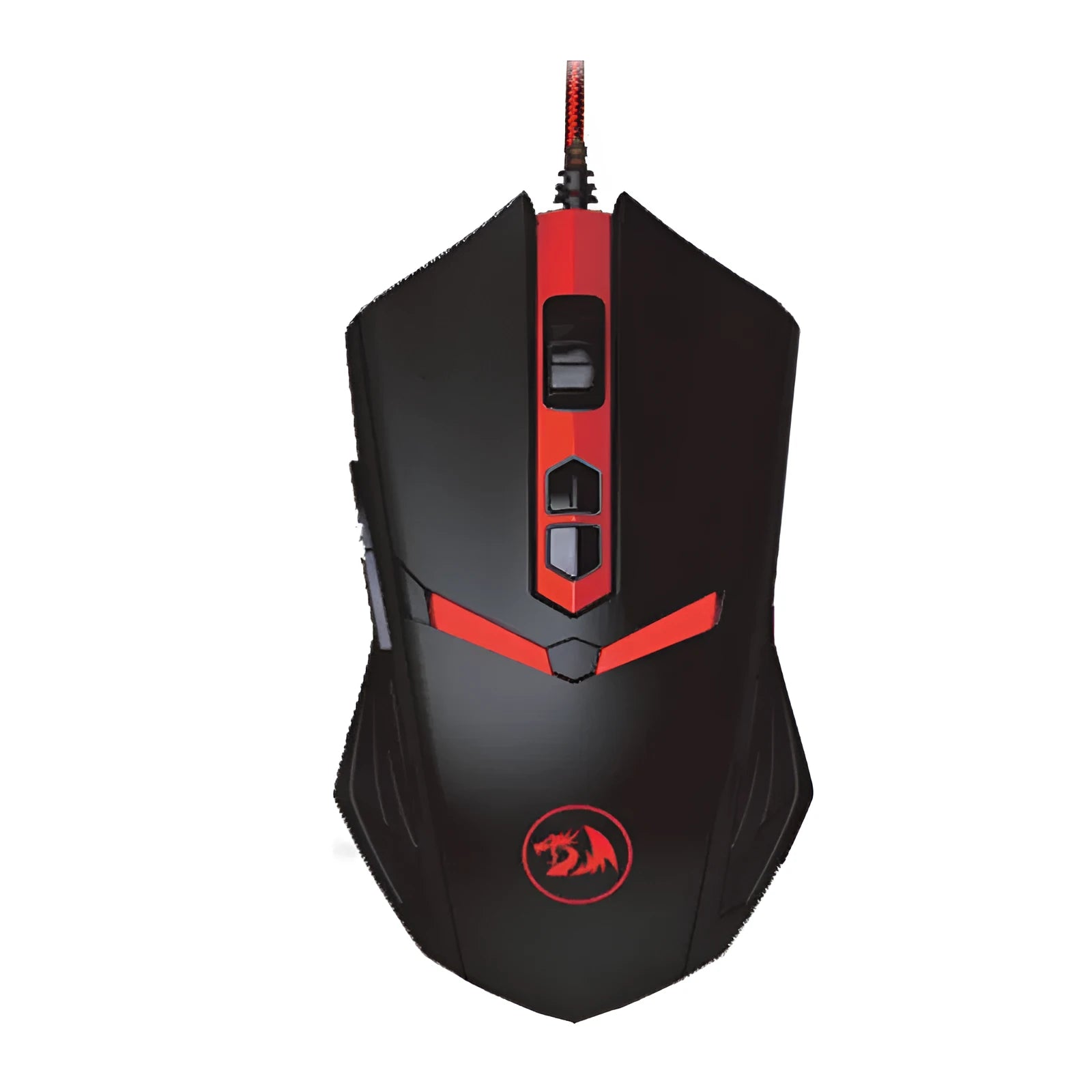 Black and red wired USB gaming mouse with six buttons on an office desk.