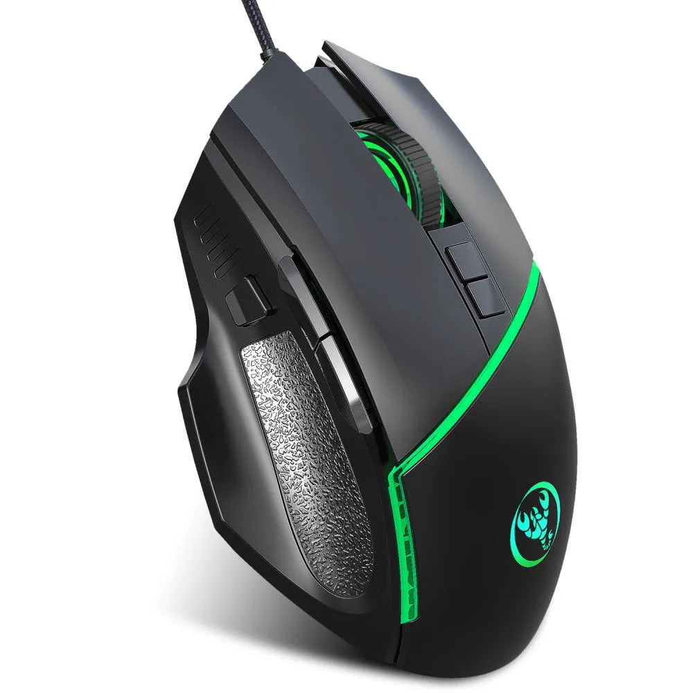 Black wired gaming mouse with 8 buttons, adjustable DPI, and 7-color breathing light on a desk