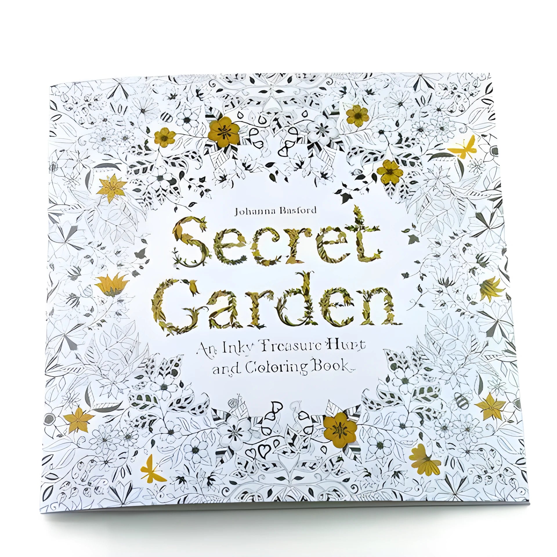 Adult DIY colouring book Secret Garden model open to a detailed black and white cartoon illustration page.