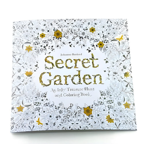 Adult DIY colouring book Secret Garden model open to a detailed black and white cartoon illustration page.