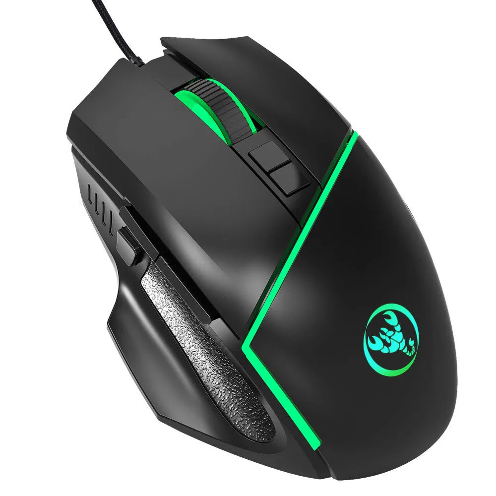 Black wired gaming mouse with 8 buttons, adjustable DPI, and 7-color breathing light on a desk
