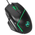 Black wired gaming mouse with 8 buttons, adjustable DPI, and 7-color breathing light on a desk