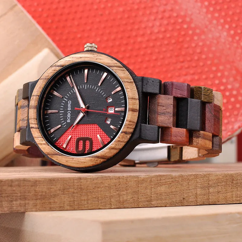 BOBO BIRD Q13 men's wooden watch black red natural wood case 44mm