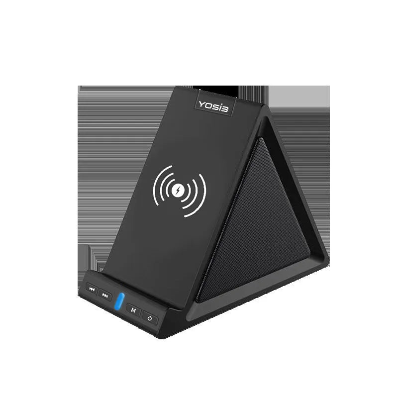 Black multifunctional Bluetooth speaker with wireless charging pad, phone stand, and 2000mAh power bank