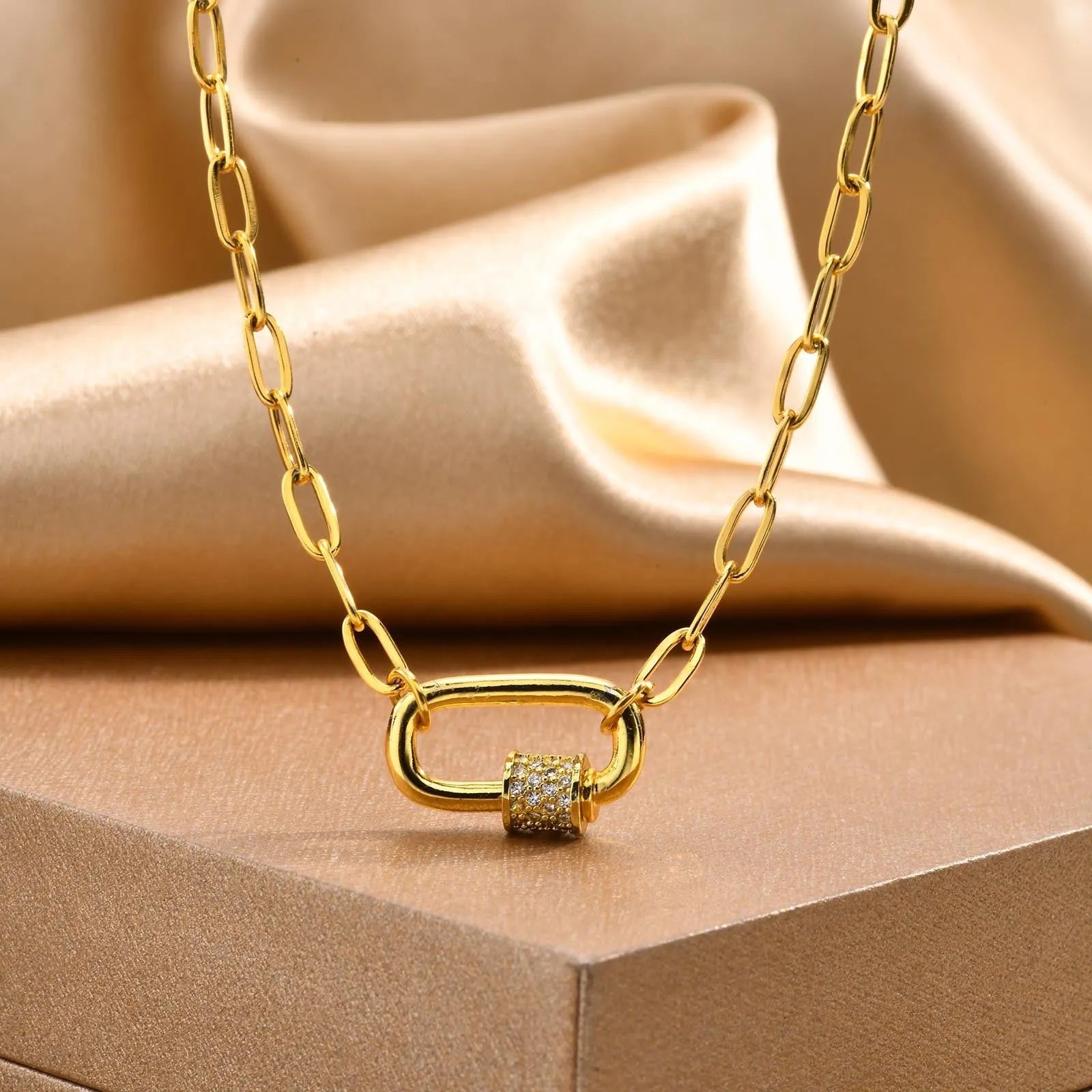 Small square chain stainless steel pendant necklace with oval zircon stone in gold colour finish