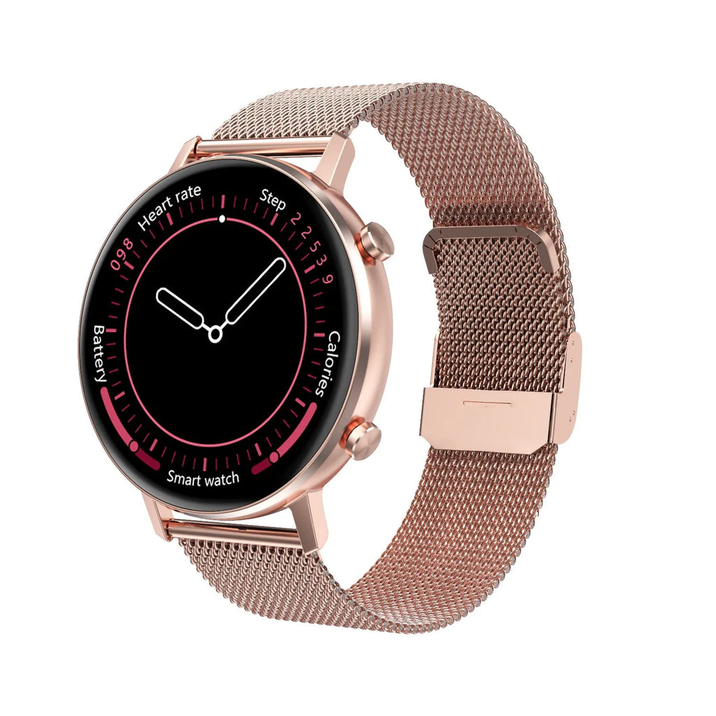 DT96 smart fitness tracker with stainless steel strap on a wrist, showing its colour display.