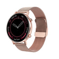 DT96 smart fitness tracker with stainless steel strap on a wrist, showing its colour display.