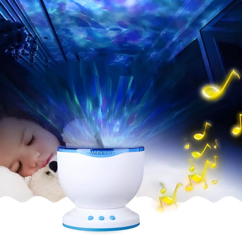 Blue ocean theme LED projection lamp for children's rooms on a table.