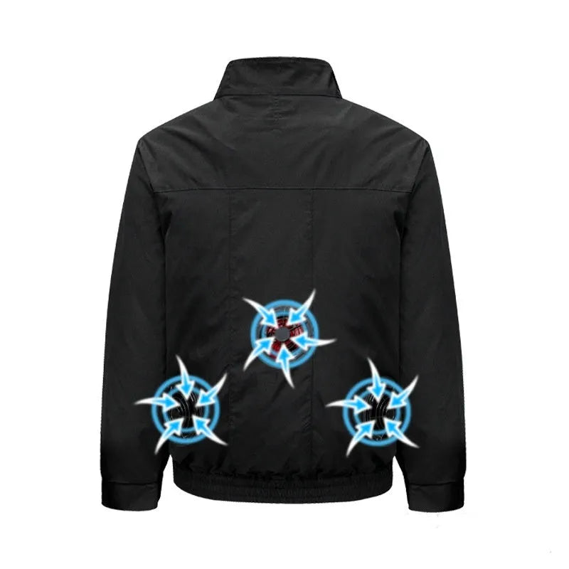 Men's summer work jacket with integrated fan cooling system and ventilation holes