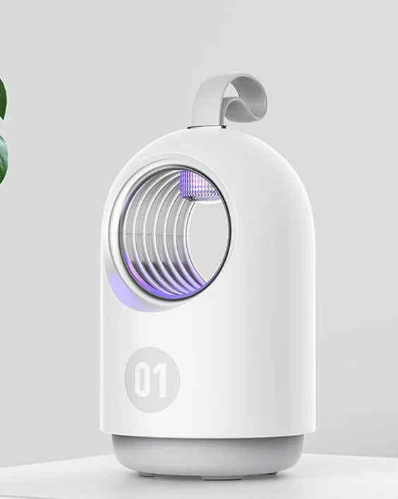 White and blue portable mosquito killer lamp with UV light, fan, and carry handle