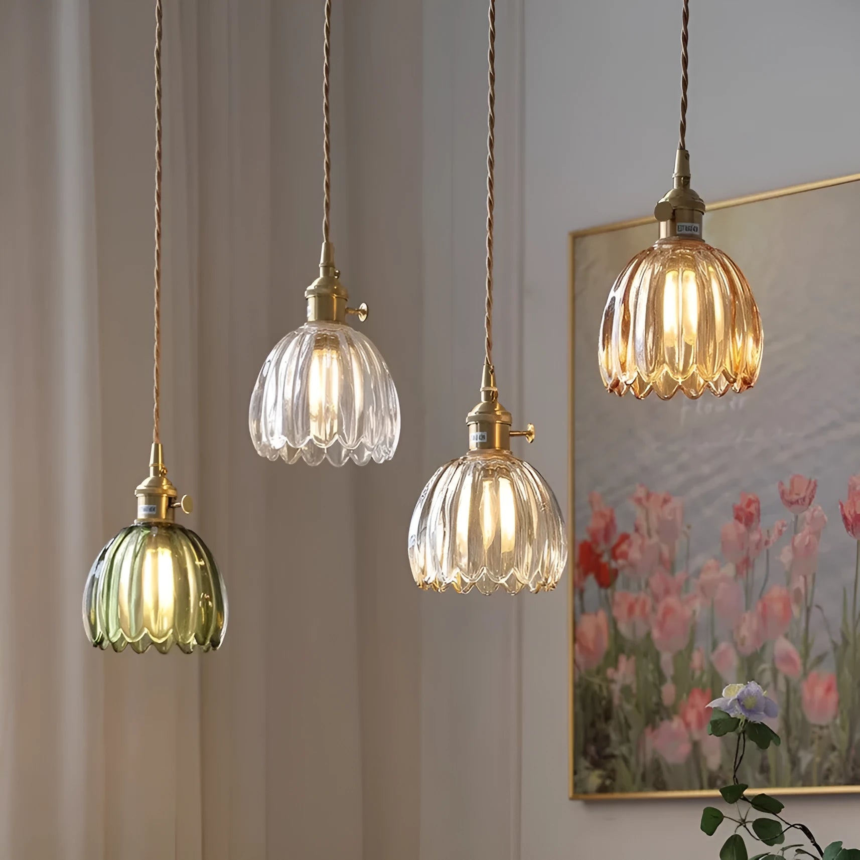 Nordic vintage style glass flower chandelier ceiling light with coloured shades