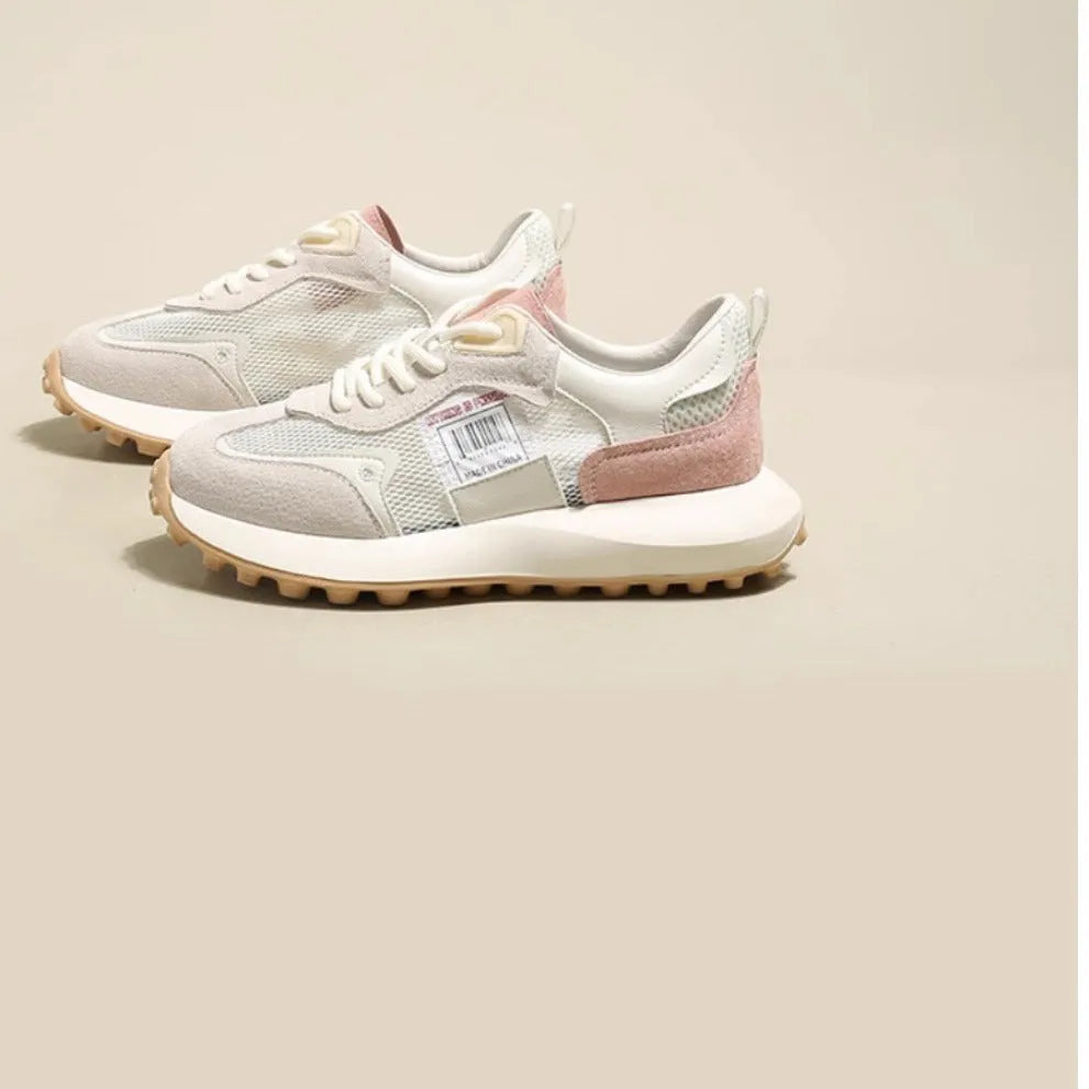 Women's grey and pink retro sneakers with mesh lining and rubber soles, low-top design
