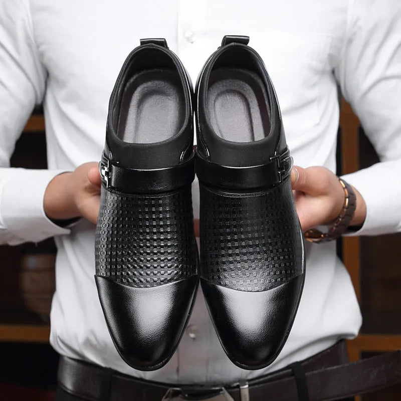 Men's black leather toe cap formal shoes with rubber sole on white background