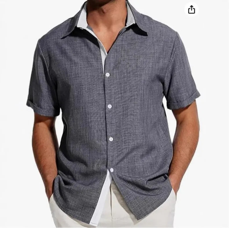 Men's short-sleeved floral shirt in polyester fabric showing regular fit and cardigan styling