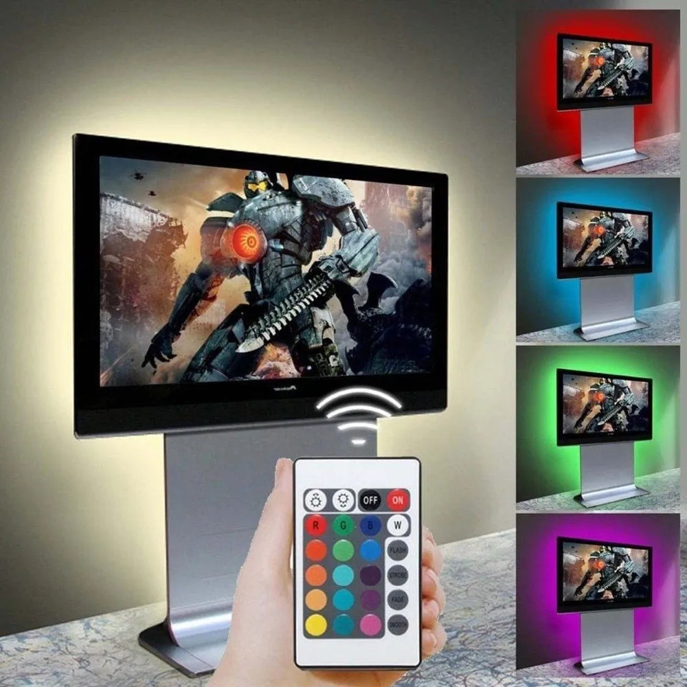1 metre long USB LED light strip with attached cable, available in six colour options including white, blue, and red.