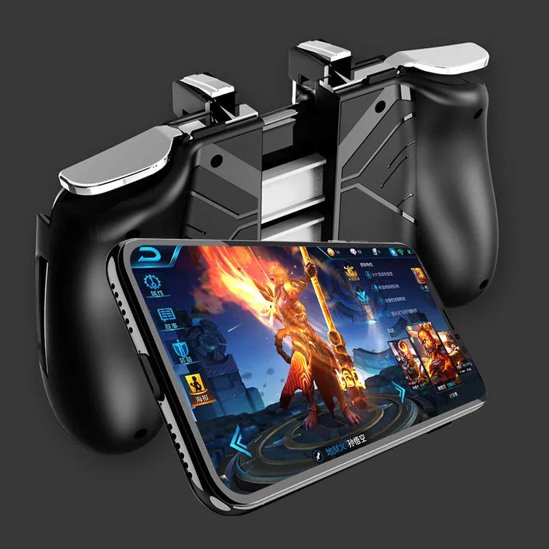A telescopic mobile game controller holding a smartphone, shown in black, blue, and white colour options.