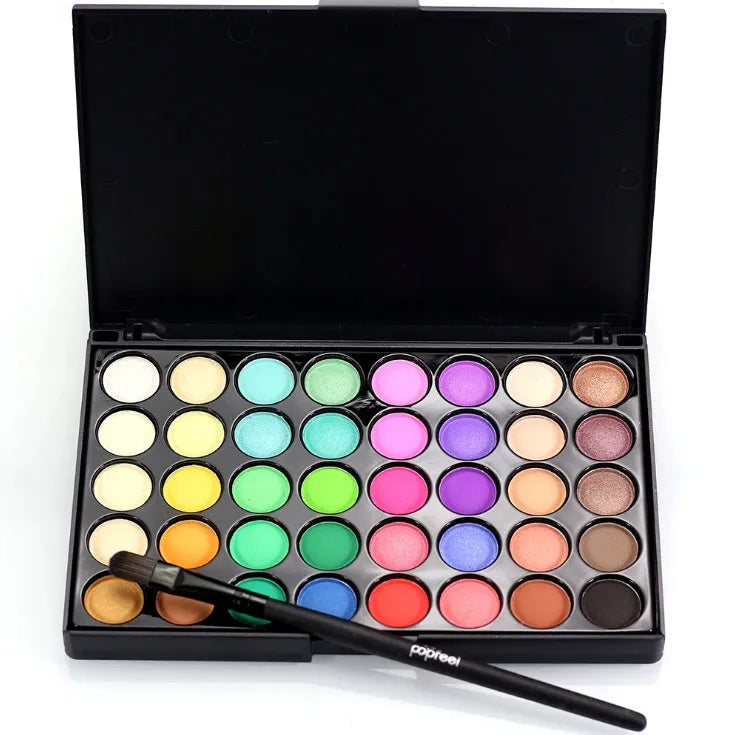 40-colour matte and glitter eyeshadow palette with a brush, showing earth tones and vibrant shades in one case