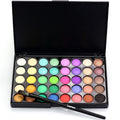 40-colour matte and glitter eyeshadow palette with a brush, showing earth tones and vibrant shades in one case
