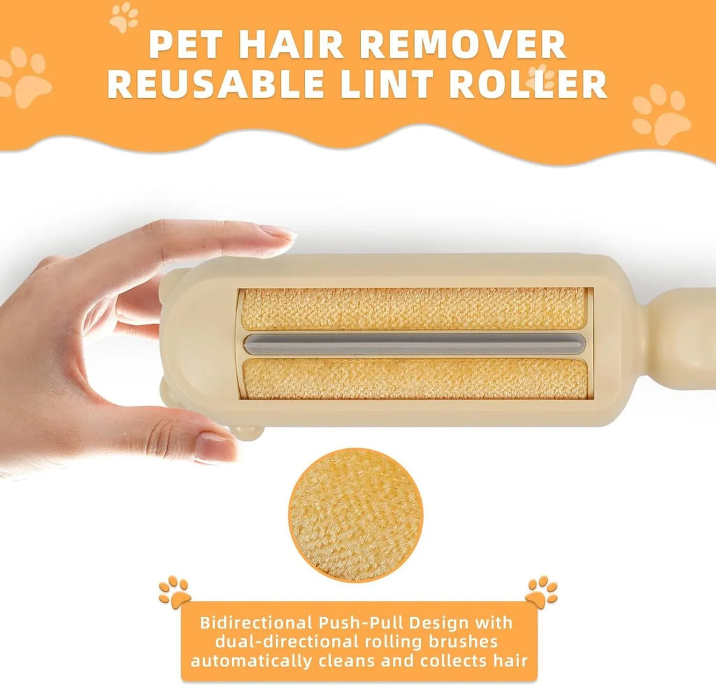 Blue reusable pet hair remover roller with self-cleaning base on a grey sofa.