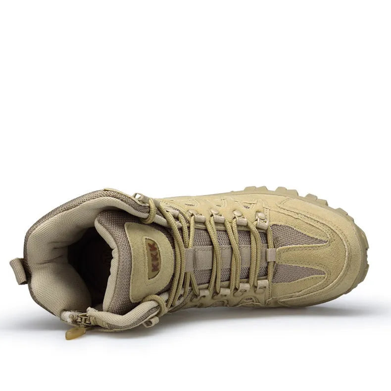 Men's black US Army Delta tactical boots with rubber sole and velvet leather upper on a rocky outdoor surface.