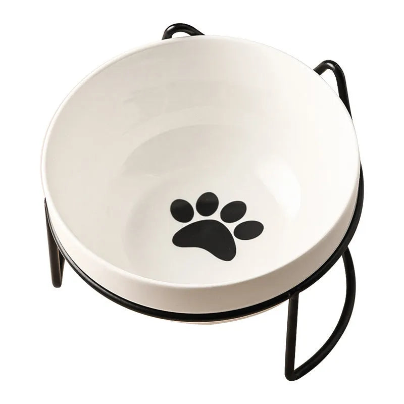 Ceramic cat bowl with iron stand in cat footprints or fishbone pattern design