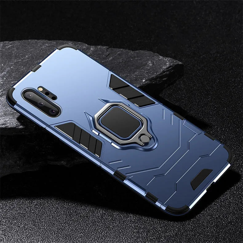 Iron Man magnetic Samsung phone case in black showing integrated metal ring on back.