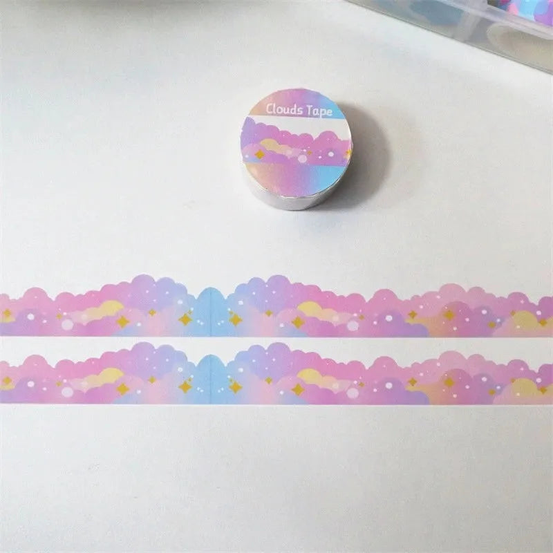 Roll of washi tape with stars and clouds border pattern, 24mm wide, in one of nine colour options