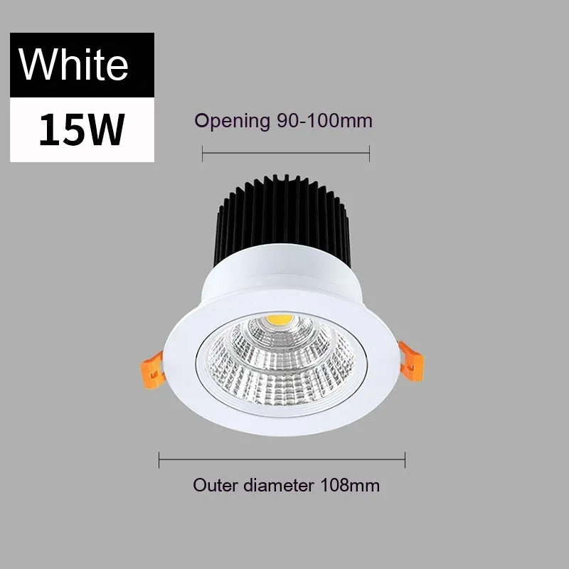 Black aluminium embedded LED ceiling spotlight with anti-glare design showing three colour temperature options