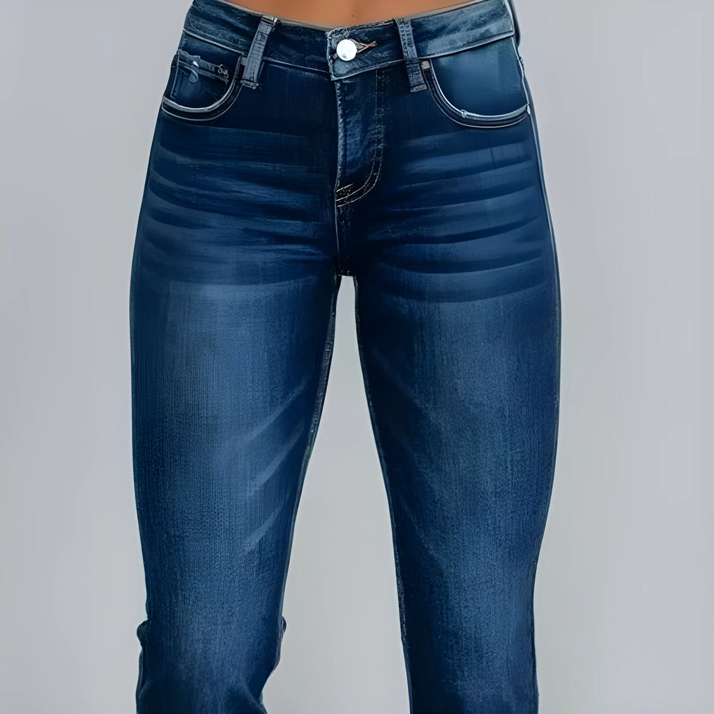 Women's casual denim jeans in dark blue and light blue with hand-worn finish