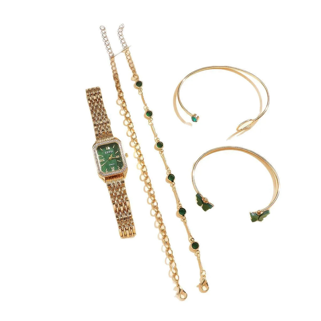 Wild Emerald gold green square ladies watch with four matching bracelets in gift set packaging