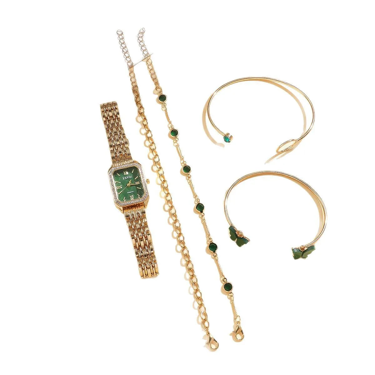 Wild Emerald gold green square ladies watch with four matching bracelets in gift set packaging