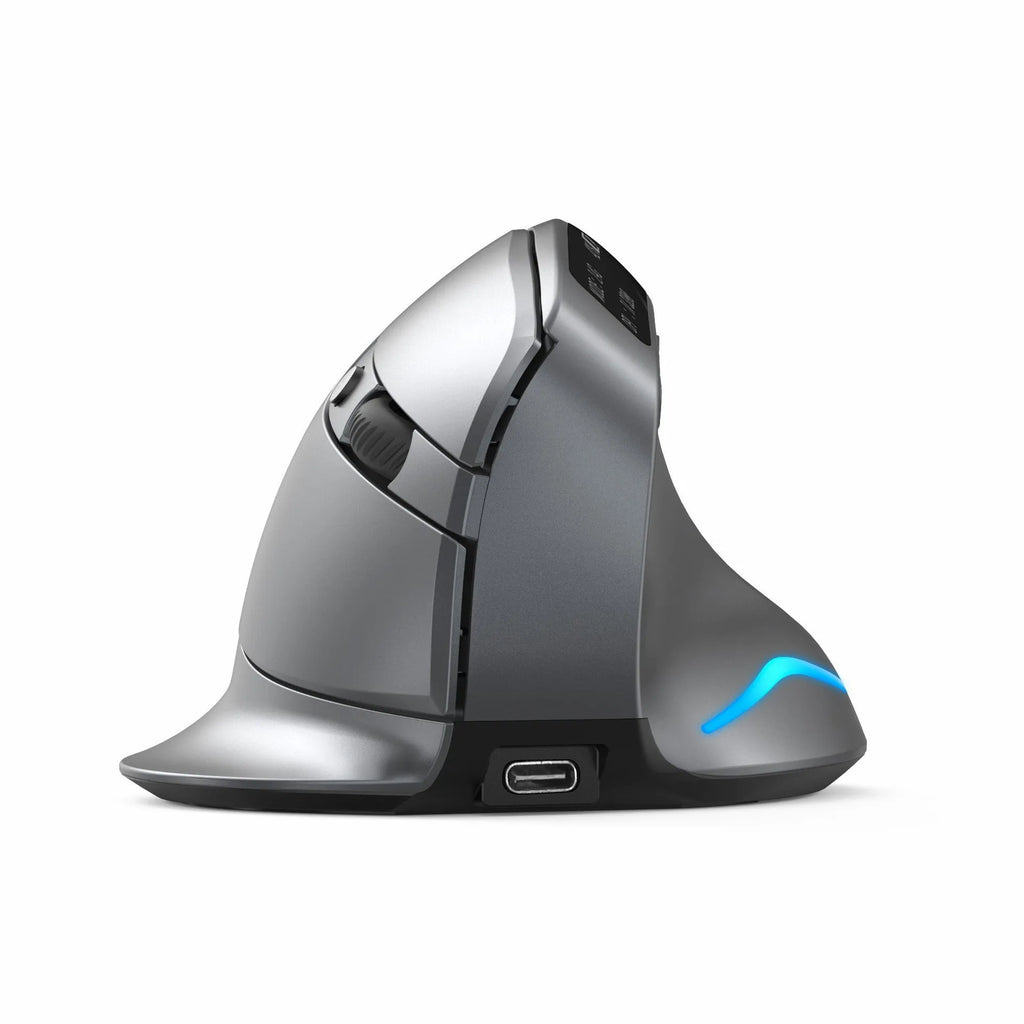 Grey vertical handheld grip Bluetooth wireless mouse for laptops on a desk.