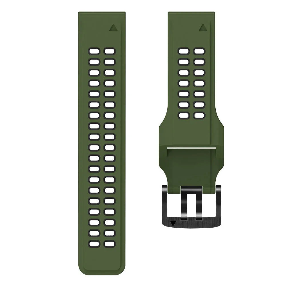 Quick release two-tone silicone watch strap shown in Army Green Black colour with pin buckle.