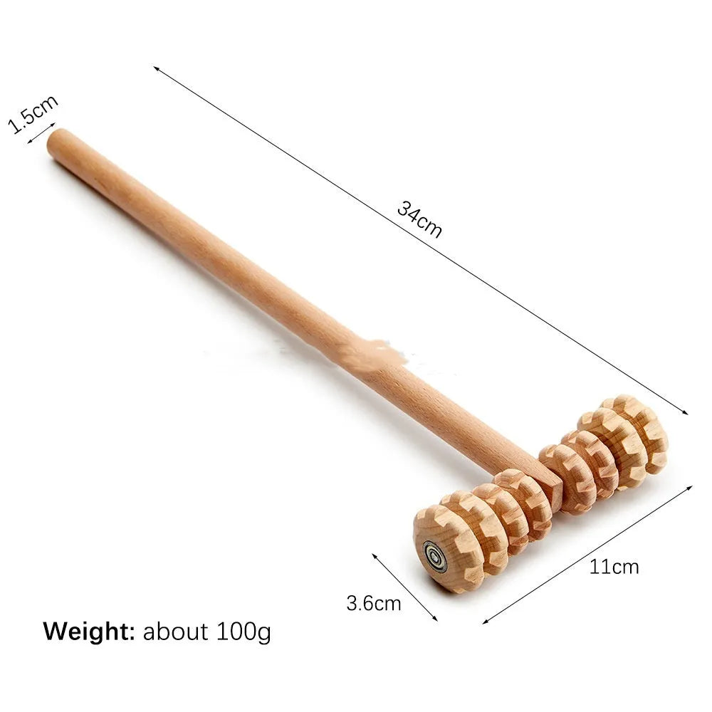 Set of natural beech wood massage rollers including T-shaped, 9-wheel, 12-wheel, and 13-wheel designs.